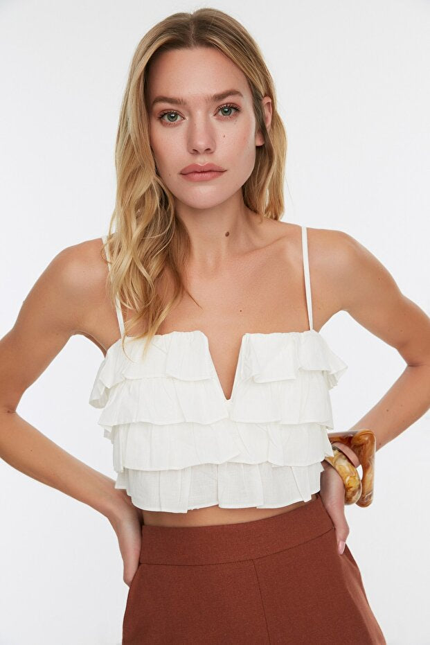 White Woven Ruffle Beach Crop Blouse