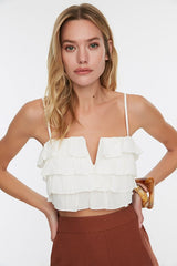 White Woven Ruffle Beach Crop Blouse
