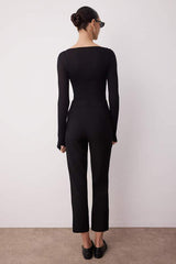 Black Basic Cigarette Narrow Leg Woven Fabric Trousers
