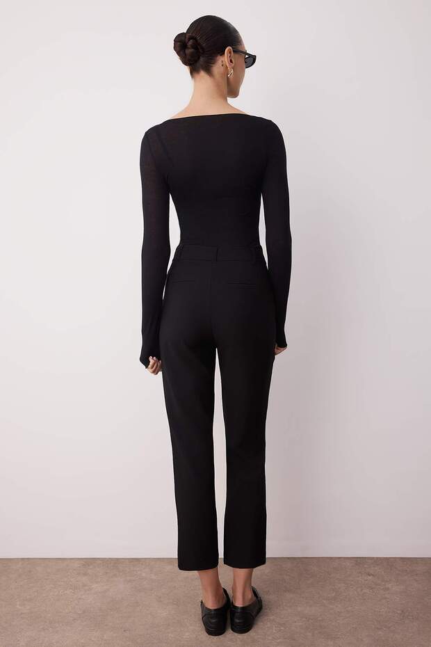 Black Basic Cigarette Narrow Leg Woven Fabric Trousers