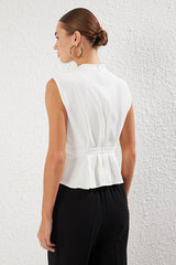 White Woven Crew-Neck Sleeveless Blouse