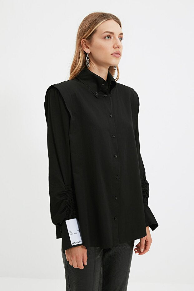 Black Woven Poplin Shirt with Gathered Details