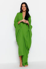 Khaki Wide Fit Maxi Woven Gathered Beach Dress