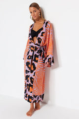 Leopard Print Woven Maxi Beach Belted Kimono & Kaftan