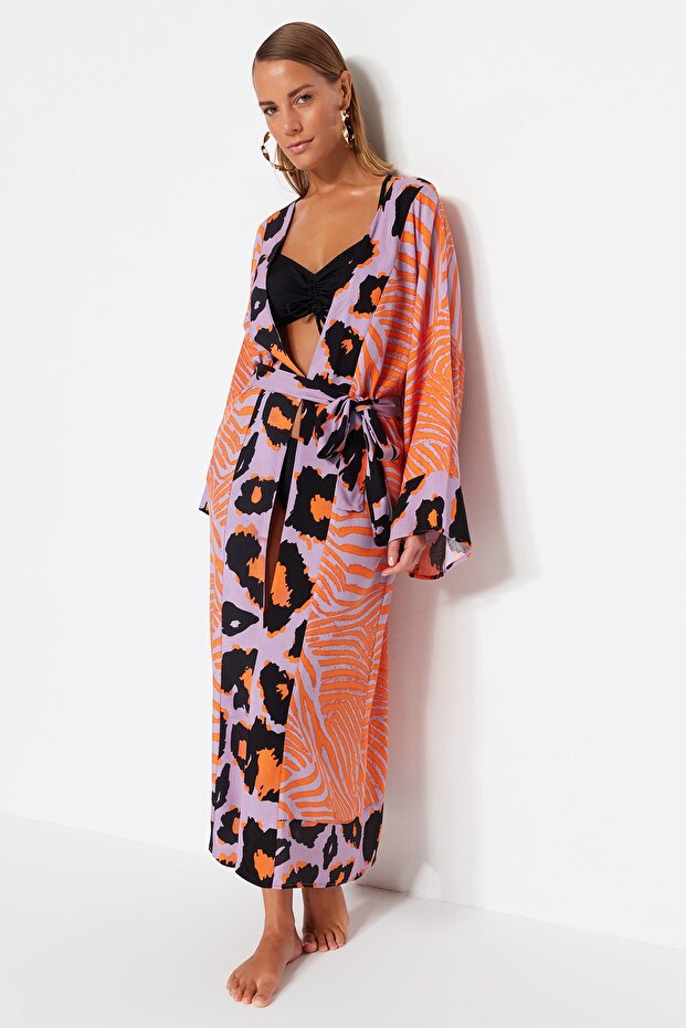 Leopard Print Woven Maxi Beach Belted Kimono & Kaftan