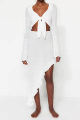 White Woven Ruffle Beach Blouse and Skirt Set