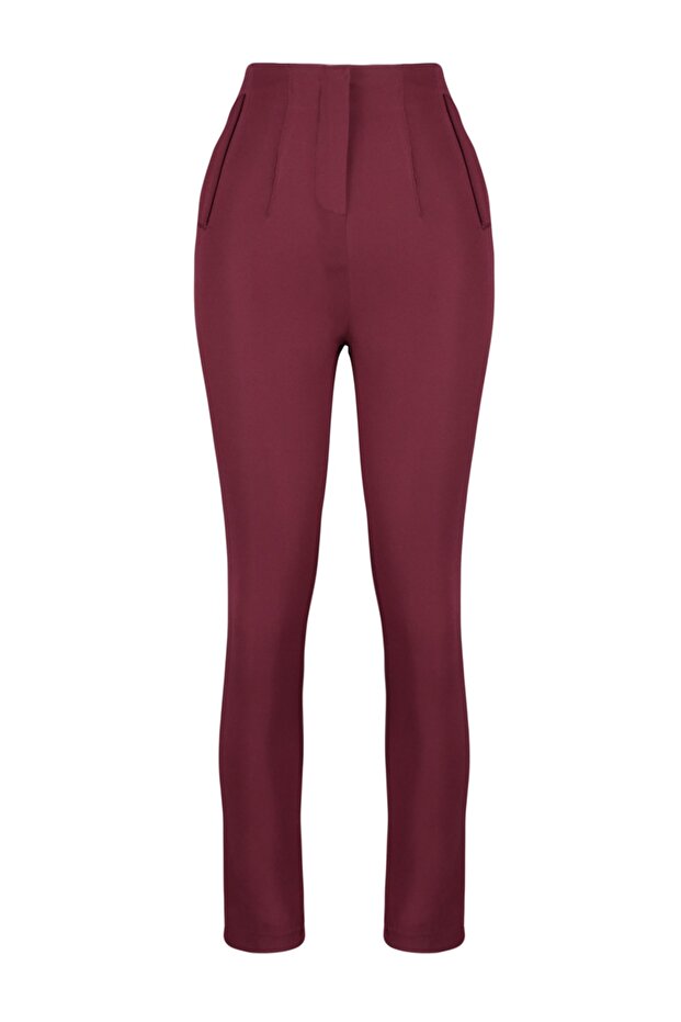 Dark Burgundy Cigarette Fit Pleated High Waist Ankle Length Woven Fabric Trousers