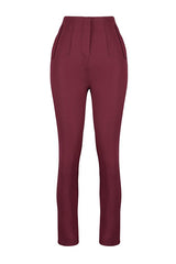 Dark Burgundy Cigarette Fit Pleated High Waist Ankle Length Woven Fabric Trousers