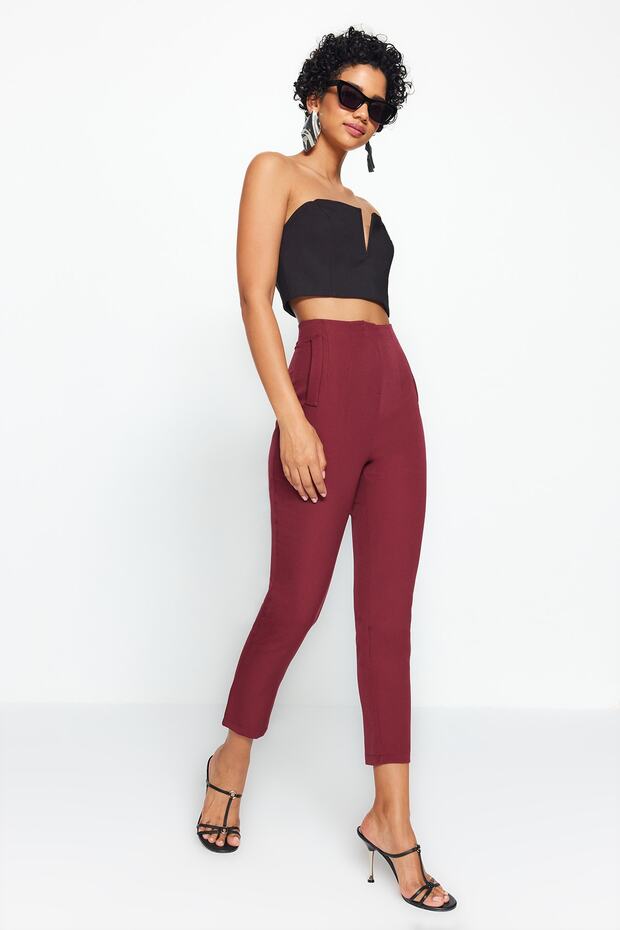 Dark Burgundy Cigarette Fit Pleated High Waist Ankle Length Woven Fabric Trousers