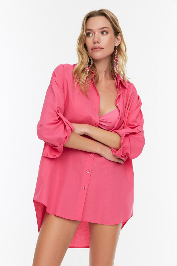 Pink Woven Maxi Beachwear Shirt