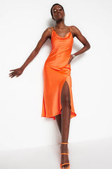 Orange Lined Woven Satin Evening Dress