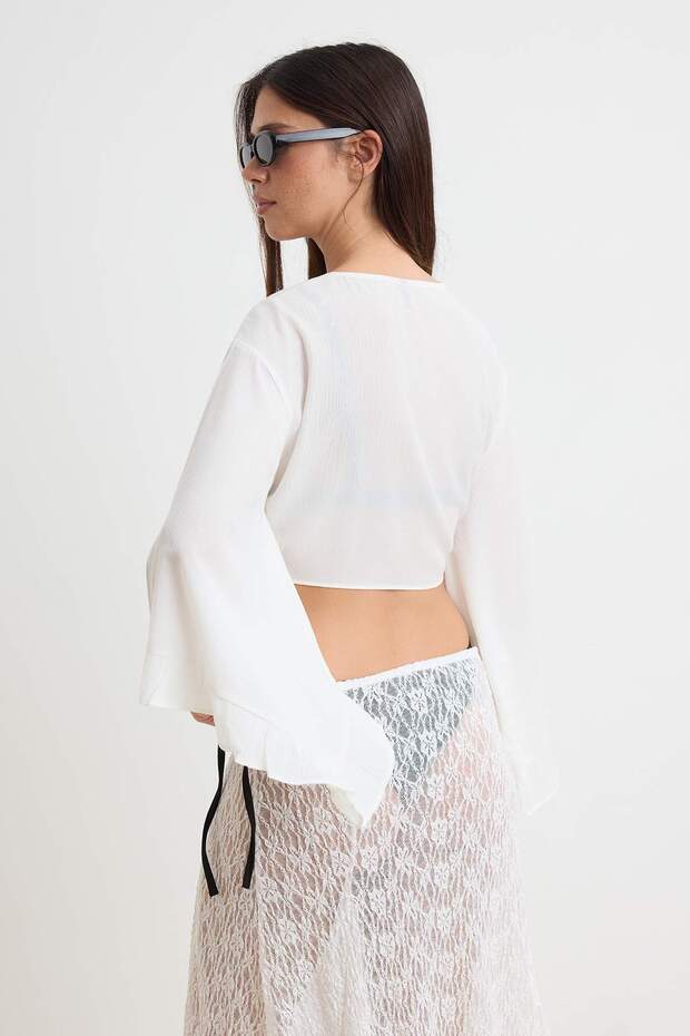 Ecru Ruffled Woven Beach Crop Top Blouse