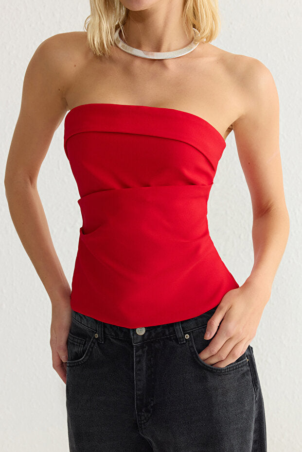Red Strapless Fitted Draped Woven Blouse