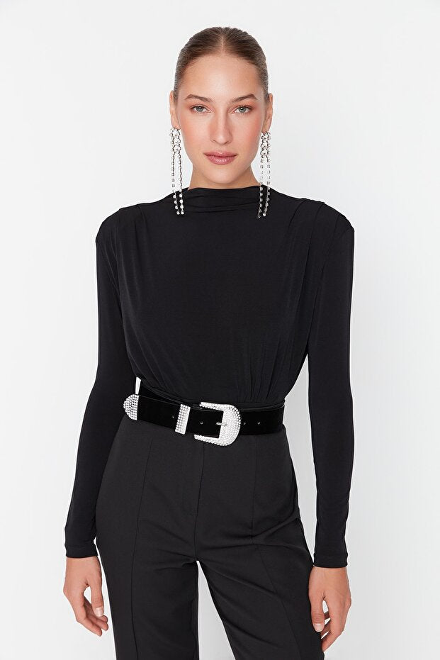 Black Draped Snap-Fastening Knitted Bodysuit