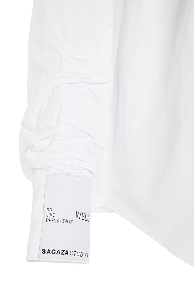 White Woven Poplin Shirt with Gathered Details