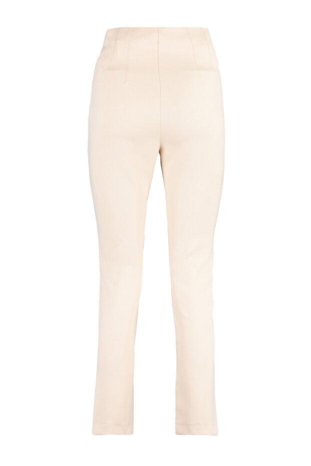 Beige Cigarette-Fit Pleated High-Waisted Ankle-Length Woven Pants