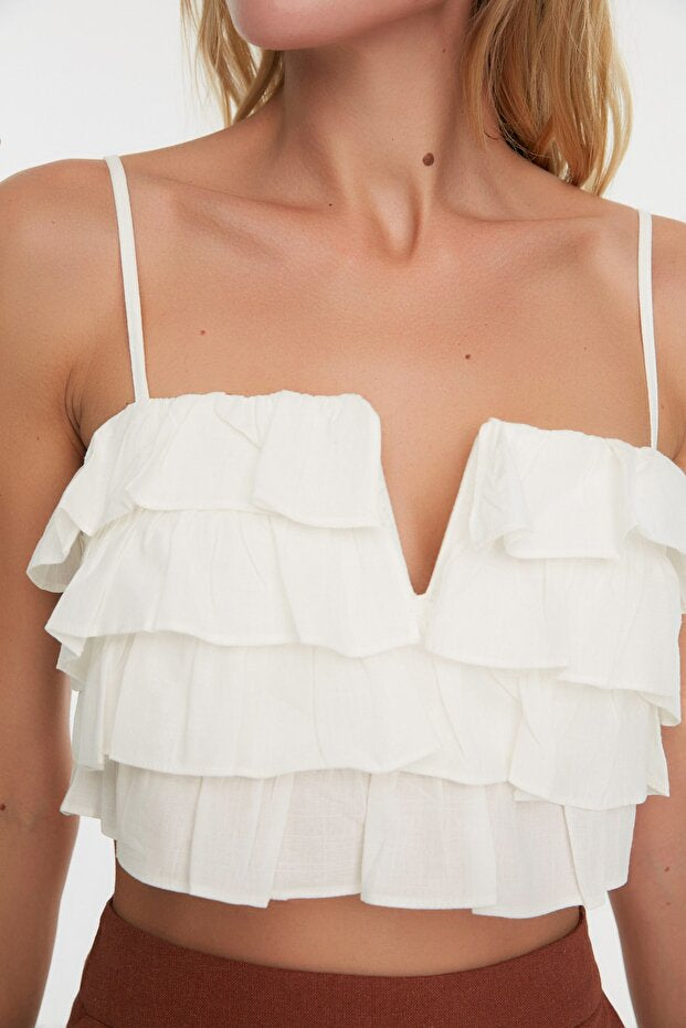 White Woven Ruffle Beach Crop Blouse
