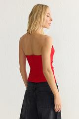 Red Strapless Fitted Draped Woven Blouse