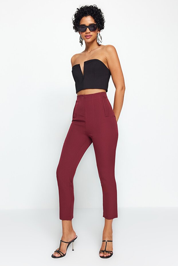 Dark Burgundy Cigarette Fit Pleated High Waist Ankle Length Woven Fabric Trousers