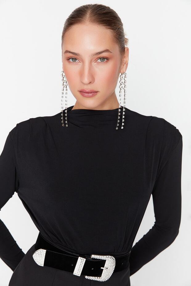 Black Draped Snap-Fastening Knitted Bodysuit