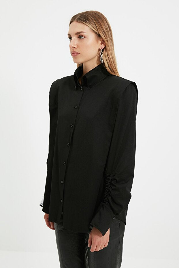 Black Woven Poplin Shirt with Gathered Details