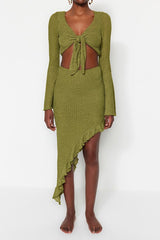 Green Woven Ruffle Beach Blouse and Skirt Set