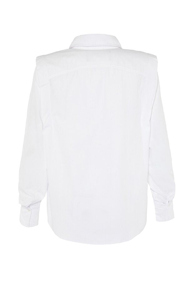 White Woven Poplin Shirt with Gathered Details