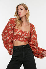 Floral Patterned Woven Beach Crop Blouse