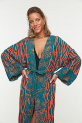 Zebra Print Woven Maxi Beach Belted Kimono & Kaftan