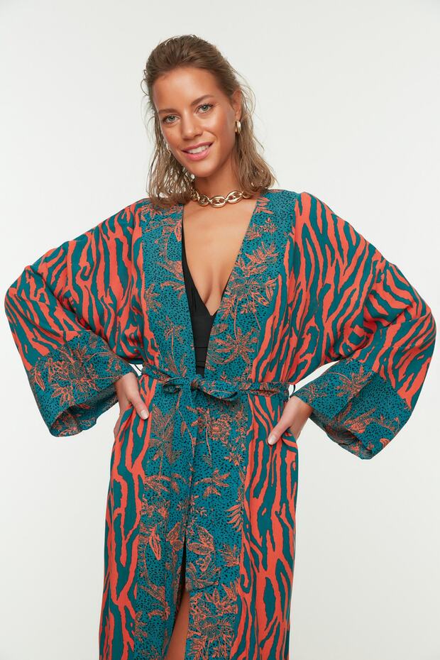 Zebra Print Woven Maxi Beach Belted Kimono & Kaftan