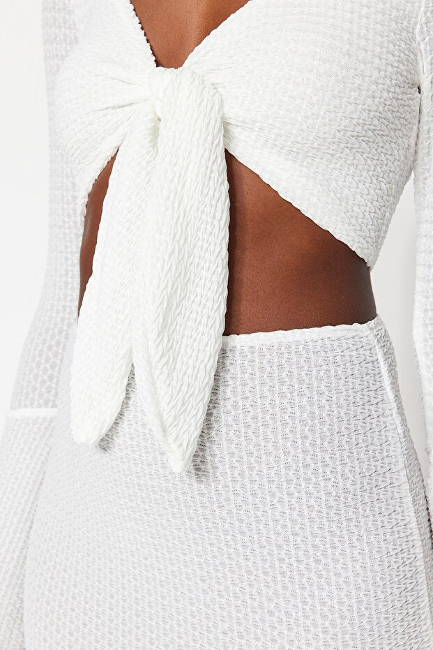 White Woven Ruffle Beach Blouse and Skirt Set