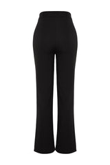 Black Straight-Leg High-Waisted Ribbed-Stitch Woven Pants