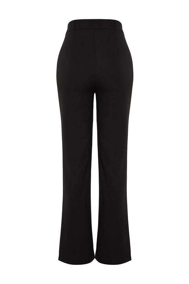 Black Straight-Leg High-Waisted Ribbed-Stitch Woven Pants