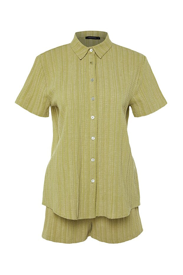 Green Woven Beach Shirt-Shorts Set