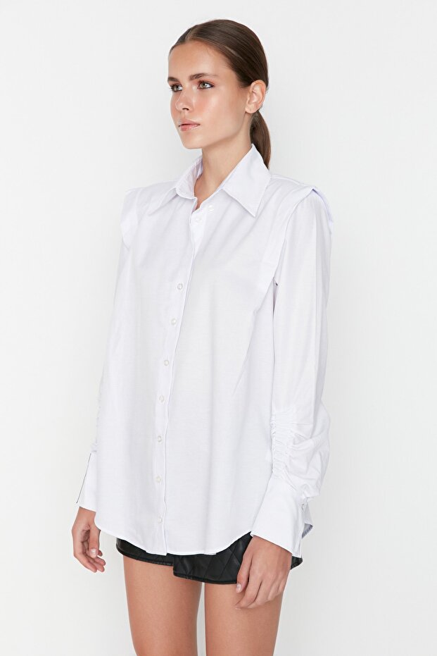 White Woven Poplin Shirt with Gathered Details
