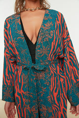 Zebra Print Woven Maxi Beach Belted Kimono & Kaftan