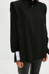 Black Woven Poplin Shirt with Gathered Details