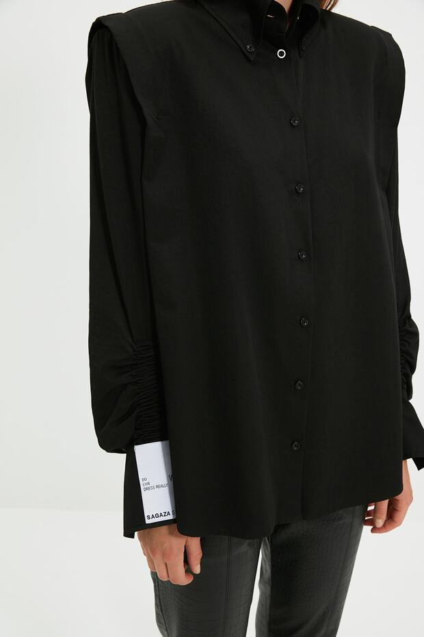 Black Woven Poplin Shirt with Gathered Details