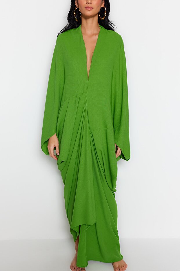 Khaki Wide Fit Maxi Woven Gathered Beach Dress