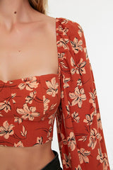 Floral Patterned Woven Beach Crop Blouse