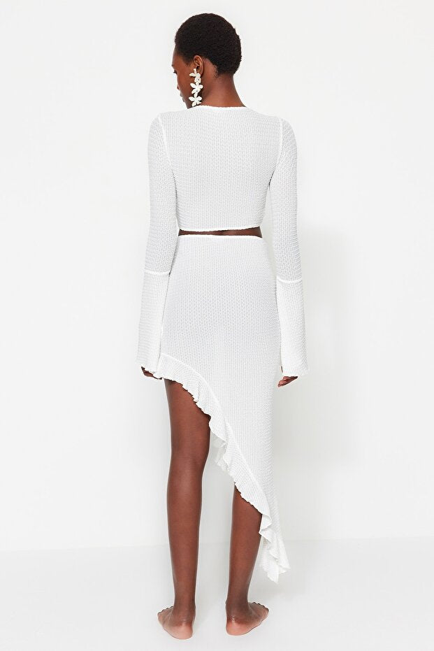 White Woven Ruffle Beach Blouse and Skirt Set