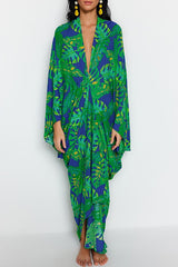Tropical Patterned Wide Fit Maxi Woven Shirred Beach Dress