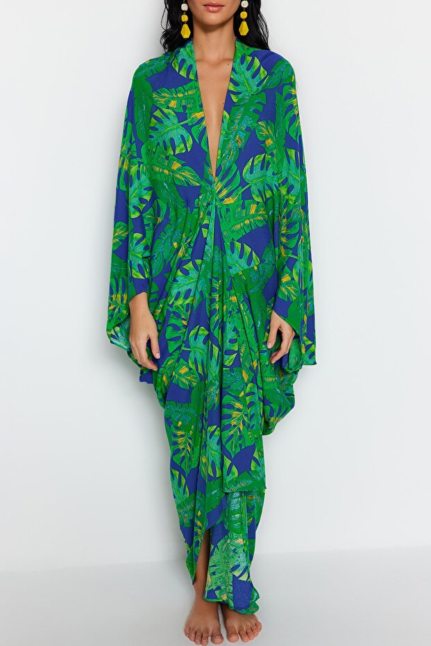 Tropical Patterned Wide Fit Maxi Woven Shirred Beach Dress