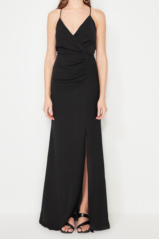 Black Lined Piping Detail Woven Chiffon Long Evening Dress