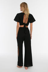 Black Woven Slit High Waist Beachwear Trousers