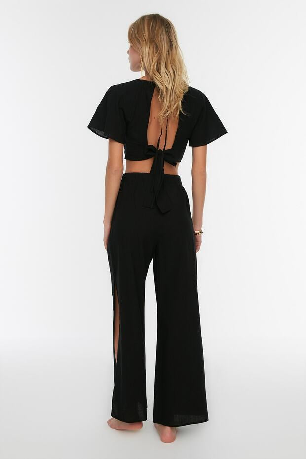 Black Woven Slit High Waist Beachwear Trousers