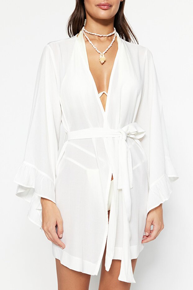 Ecru Woven Beach Mini Belted Kimono & Kaftan