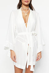 Ecru Woven Beach Mini Belted Kimono & Kaftan