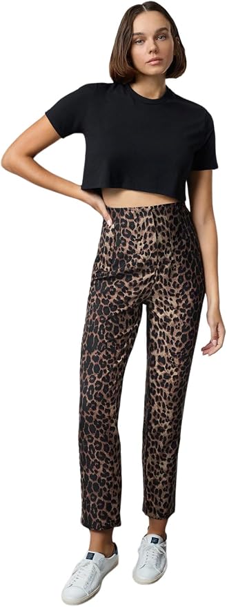 Woman Cigarette Pattern Darted High Waist Ankle Length Woven Fabric Trousers