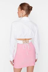Ecru Crop-Top Woven Poplin Shirt with Lined Corset Detail